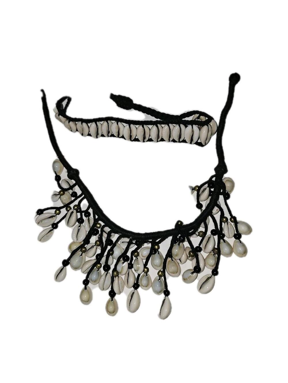 Shell Beaded Bib Statement Necklace & Choker Handmade African Tribal Set Vtg